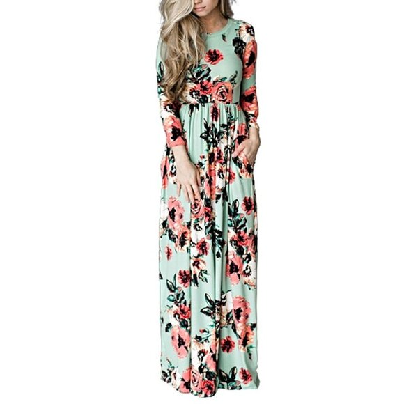 Bohemian Style Floral Print Gathered Waist Flowing Maxi Dress with Pockets L - Picture 2 of 7